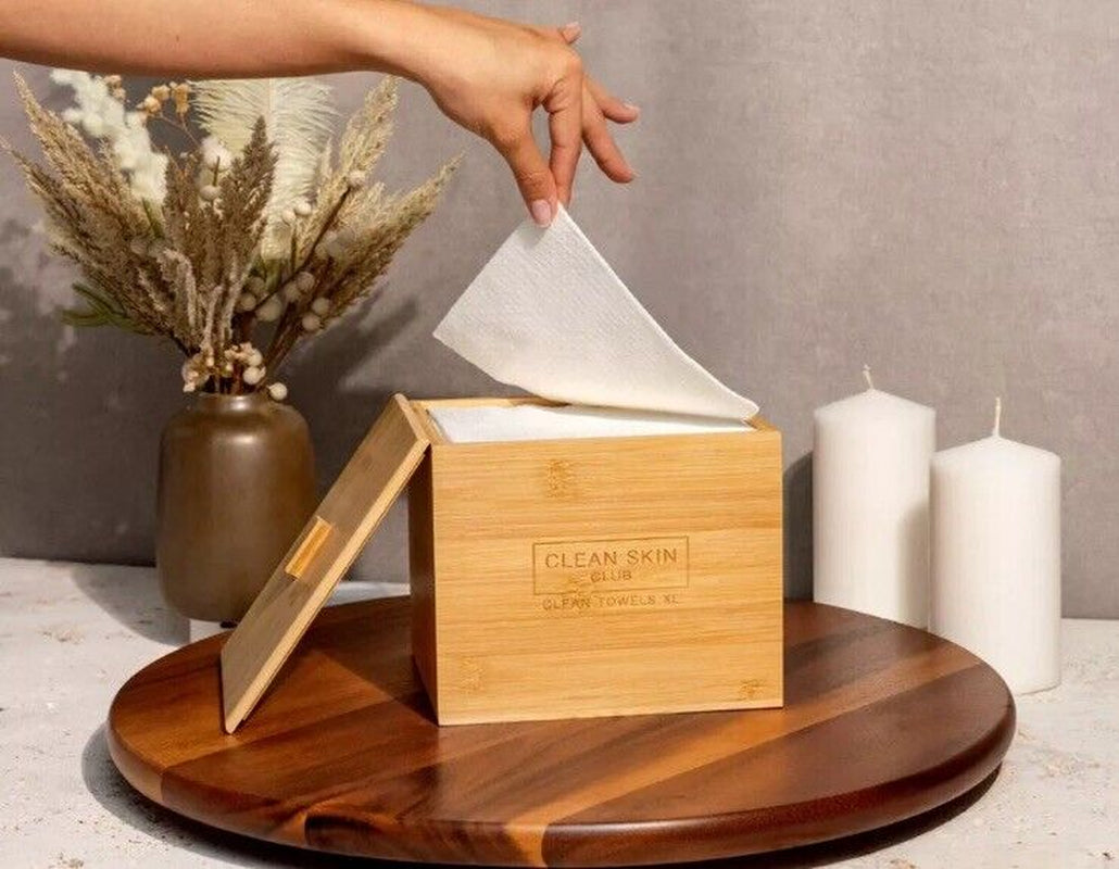 Clean Towel Luxe Bamboo Box with Cover & Towels Xl Face Towel Disposable Makeup Remover Dry