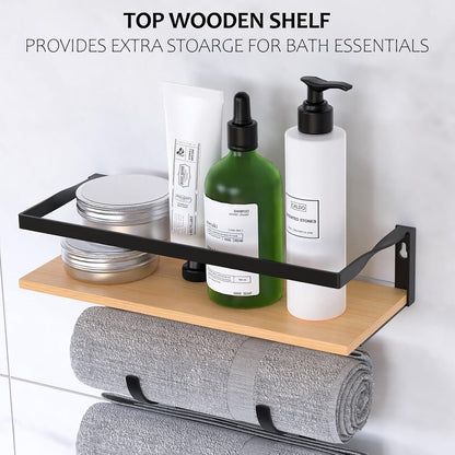 Towel Racks for Rolled Towels - Wall Mounted Bathroom Towel Holder with Wood Shelf & 3 Hooks, Space-Saving Vertical Storage for Small Bathrooms
