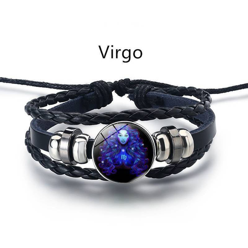 Leather Bracelet Bangle for Men Woman with Signs of the Zodiac Astrology Luminou