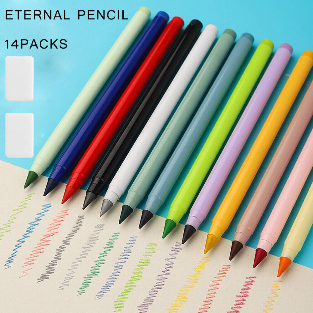 14PCS Inkless Everlasting Pencil Set | Reusable Infinity HB Pencils with Alloy Tip & 2 Erasers | Eco-Friendly, No Sharpening Needed, Long-Lasting