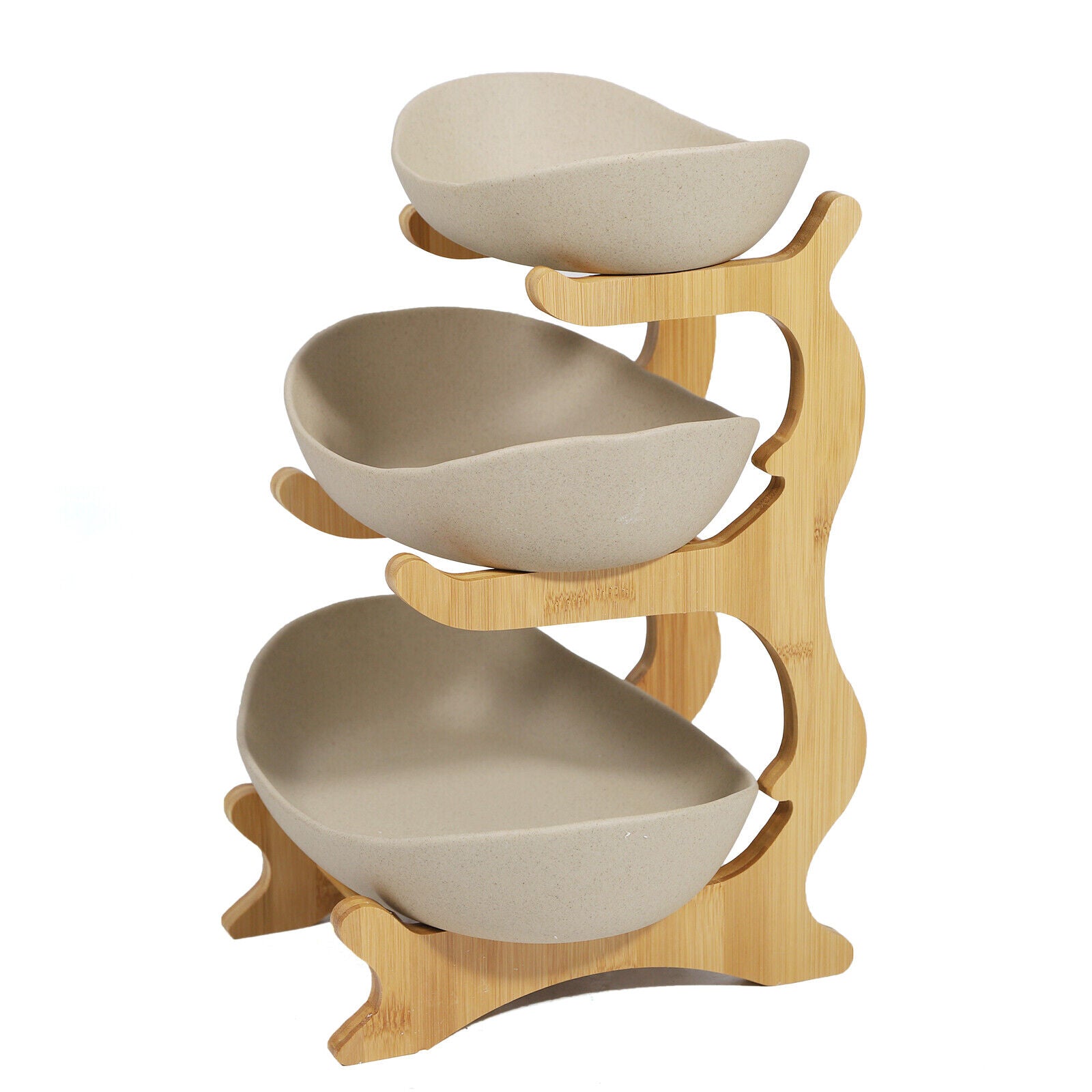 3-Tier Fruit Tray Storage Rack – Bamboo & Ceramic Stand for Snacks, Candy, Sushi – Elegant Display for Home, Parties, Weddings & More (White/Brown)