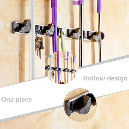 Multi-function Wall Mounted Mop and Broom Holder - Adhesive Space-Saving Organizer, Adjustable Hooks, Heavy-Duty Storage for Kitchen, Bathroom 