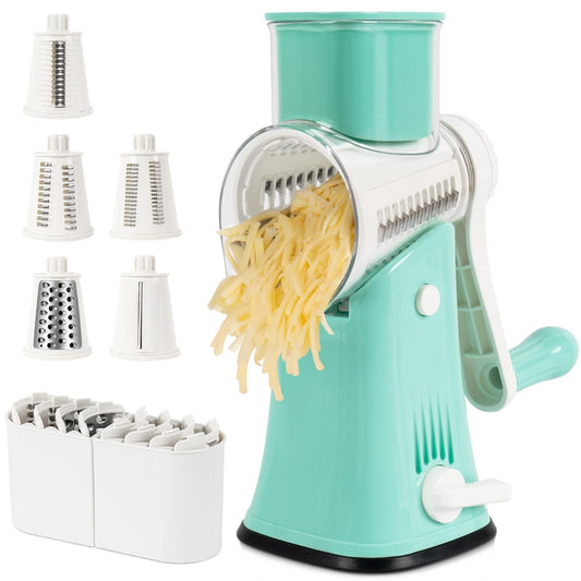 X Home 5-In-1 Rotary Cheese Grater Manual Hand Crank Cheese Shredder, Blue