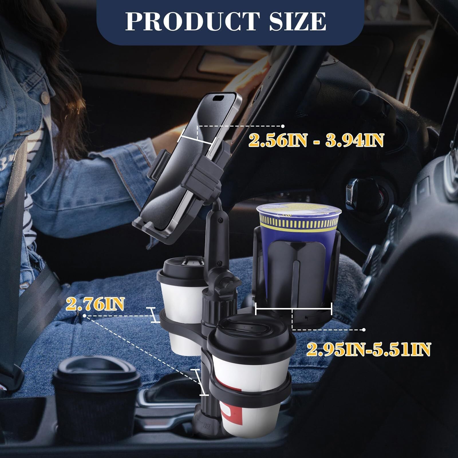 Adjustable Car Cup Holder Extender Dual Tray for Food Drinks Universal Use