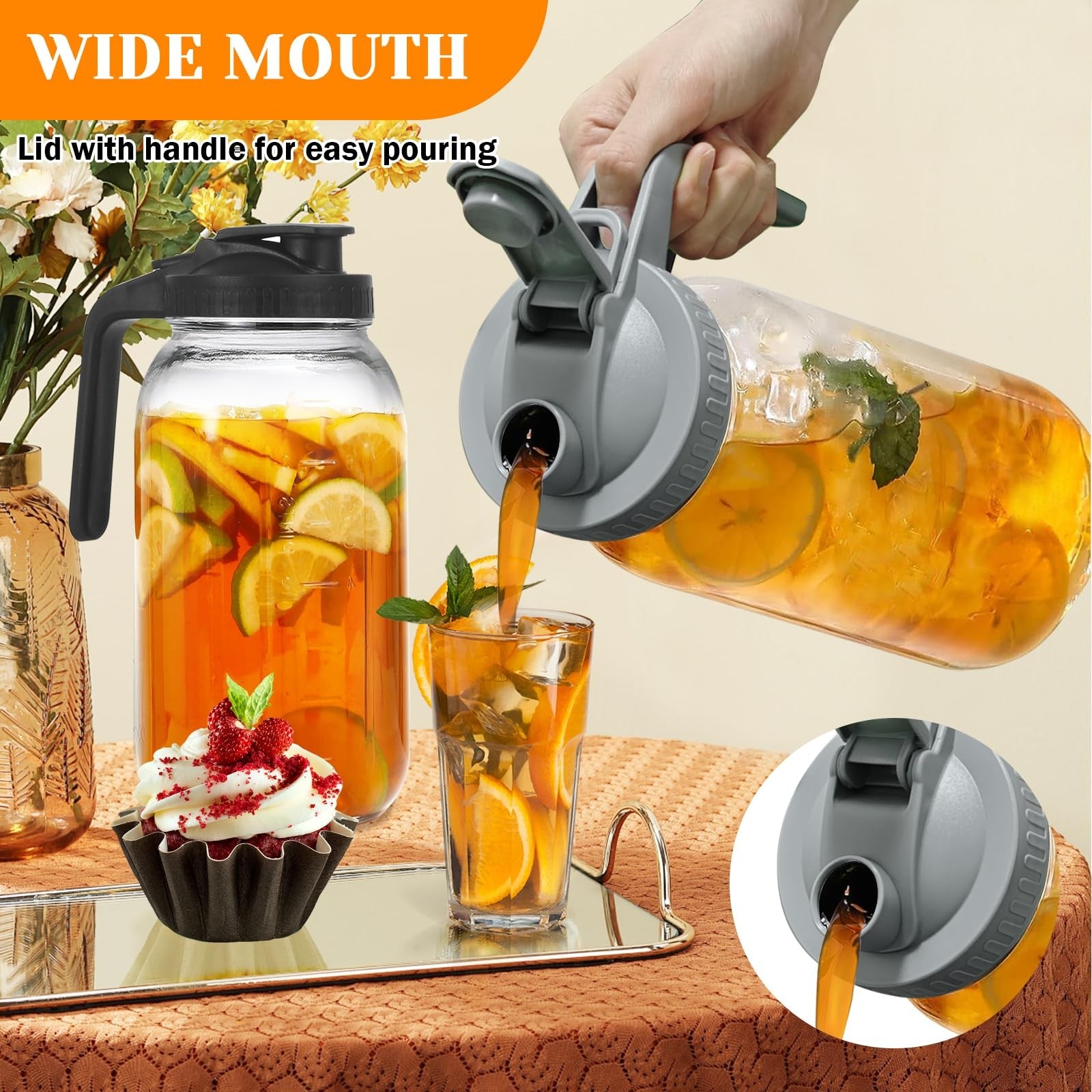 2 Pack Glass Pitchers with Lid 64 Oz Sun Tea Pitcher Half Gallon Mason Jar Pi...
