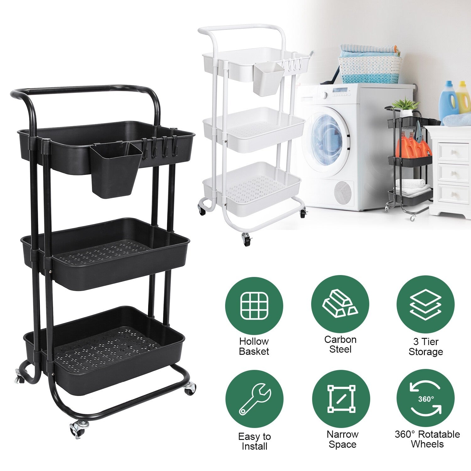 3 Tier Rolling Kitchen Trolley Cart Metal+Pp Storage Shelves Rack Utility Cart