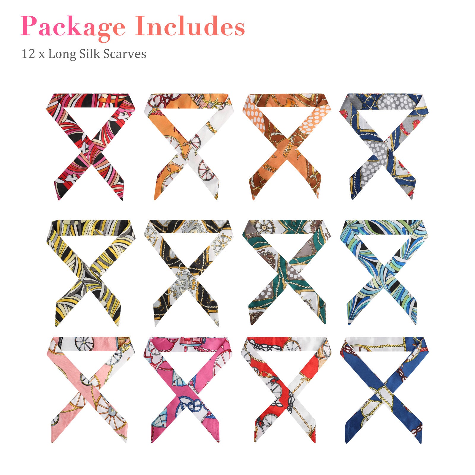 12 PCS Women Satin Silk Scarf Wrap Tied Bag Handle Neck Hair Long Ribbon Travel