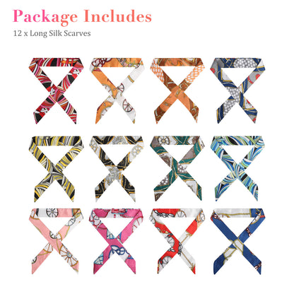 12 PCS Women Satin Silk Scarf Wrap Tied Bag Handle Neck Hair Long Ribbon Travel