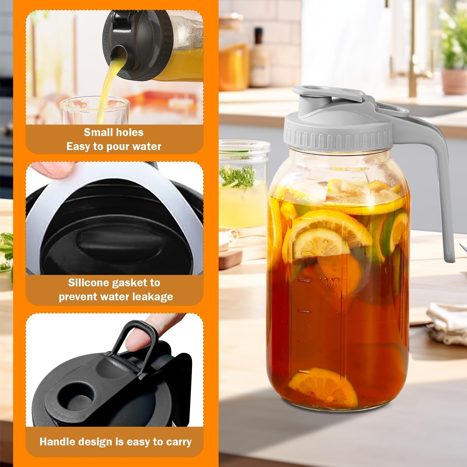 2 Pack Glass Pitchers with Lid 64 Oz Sun Tea Pitcher Half Gallon Mason Jar Pi...