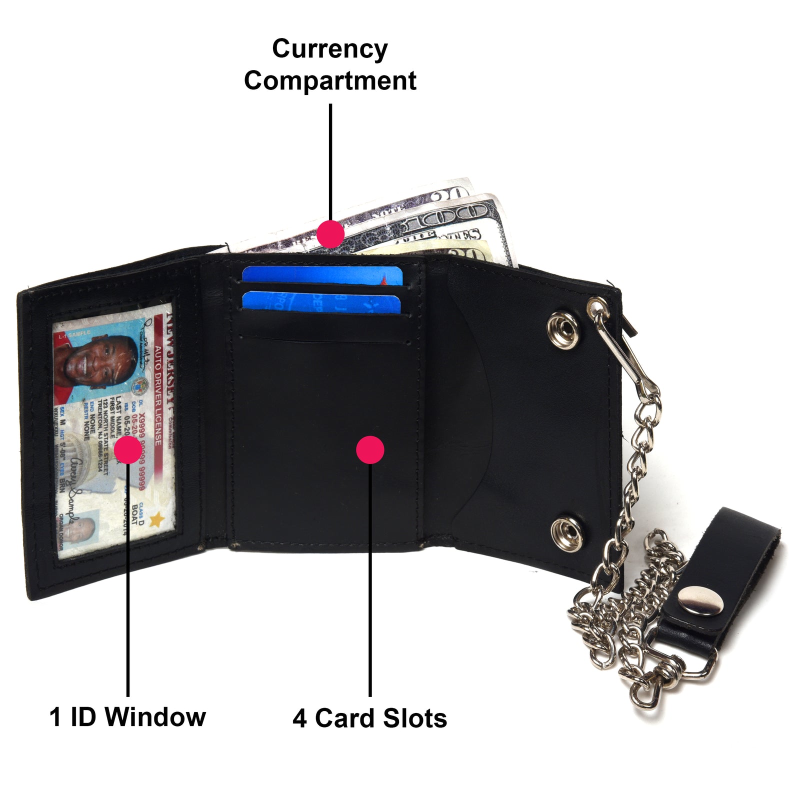 Leatherboss Genuine Leather Men Cool Skull Trifold Wallet Chain Biker, Black