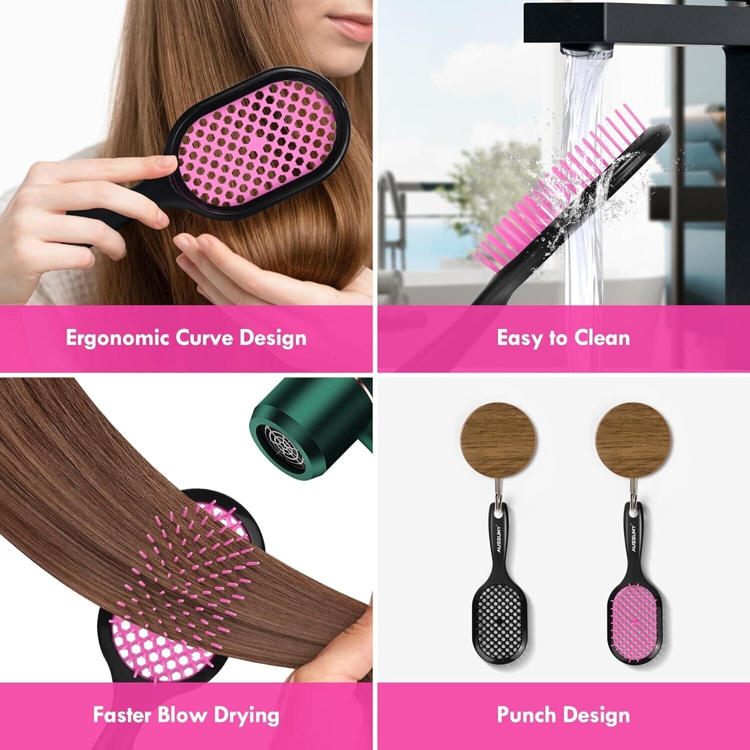 Soft Bristle Detangling Hair Brush Pack 2 Pack Detangler Cherry Blossom+Black