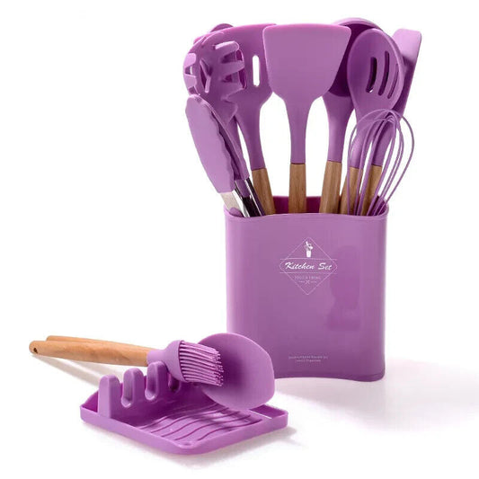 12-Piece Silicone Kitchen Utensil Set, Heat-Resistant Tools with Wooden Holder,Pasta Plastic Barrel Handles Insulation Ladle Spatula Spoon Tong Turner