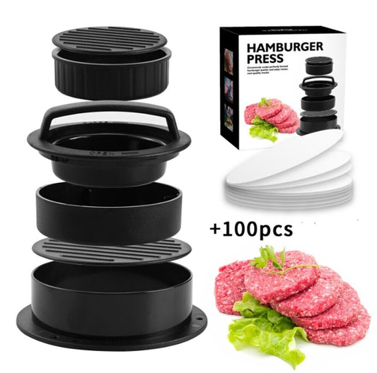 3-In-1 Burger Press Patty Maker – Stuffed Hamburger Press Kit + 100 Wax Papers