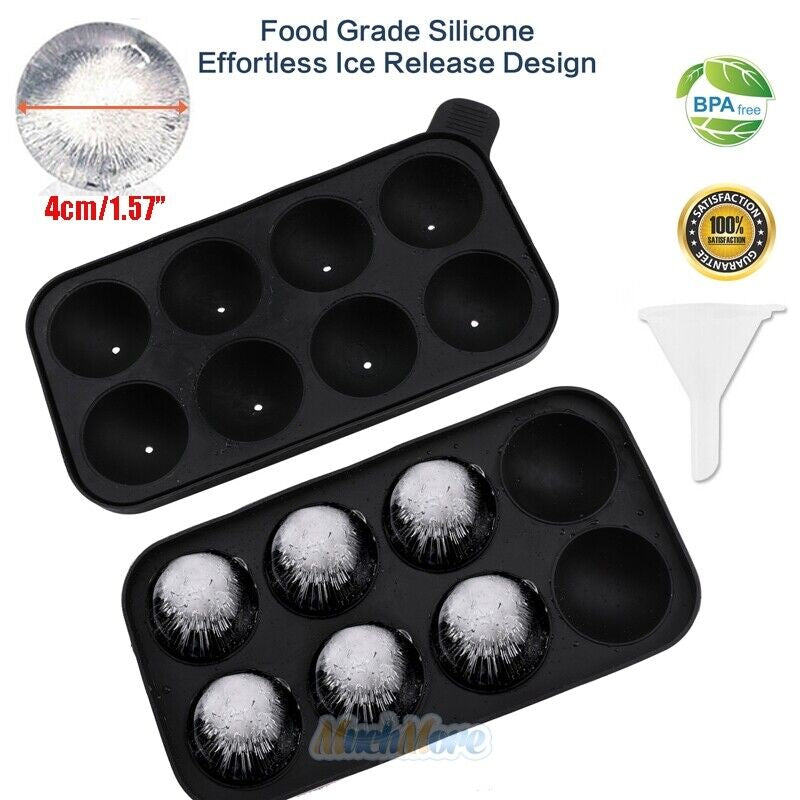 Silicone Ice Cube Ball Maker – 8 Large Round Ice Sphere Molds for Cocktails, Whiskey & More – Food-Grade, Easy Release, Reusable Tray with Funnel