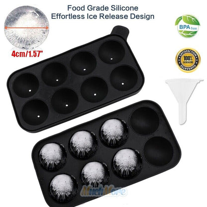 Silicone Ice Cube Ball Maker – 8 Large Round Ice Sphere Molds for Cocktails, Whiskey & More – Food-Grade, Easy Release, Reusable Tray with Funnel