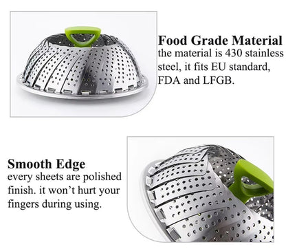 Folding Stainless Steel Steamer Basket 5.5–9″ – Expandable & Dishwasher‑Saf