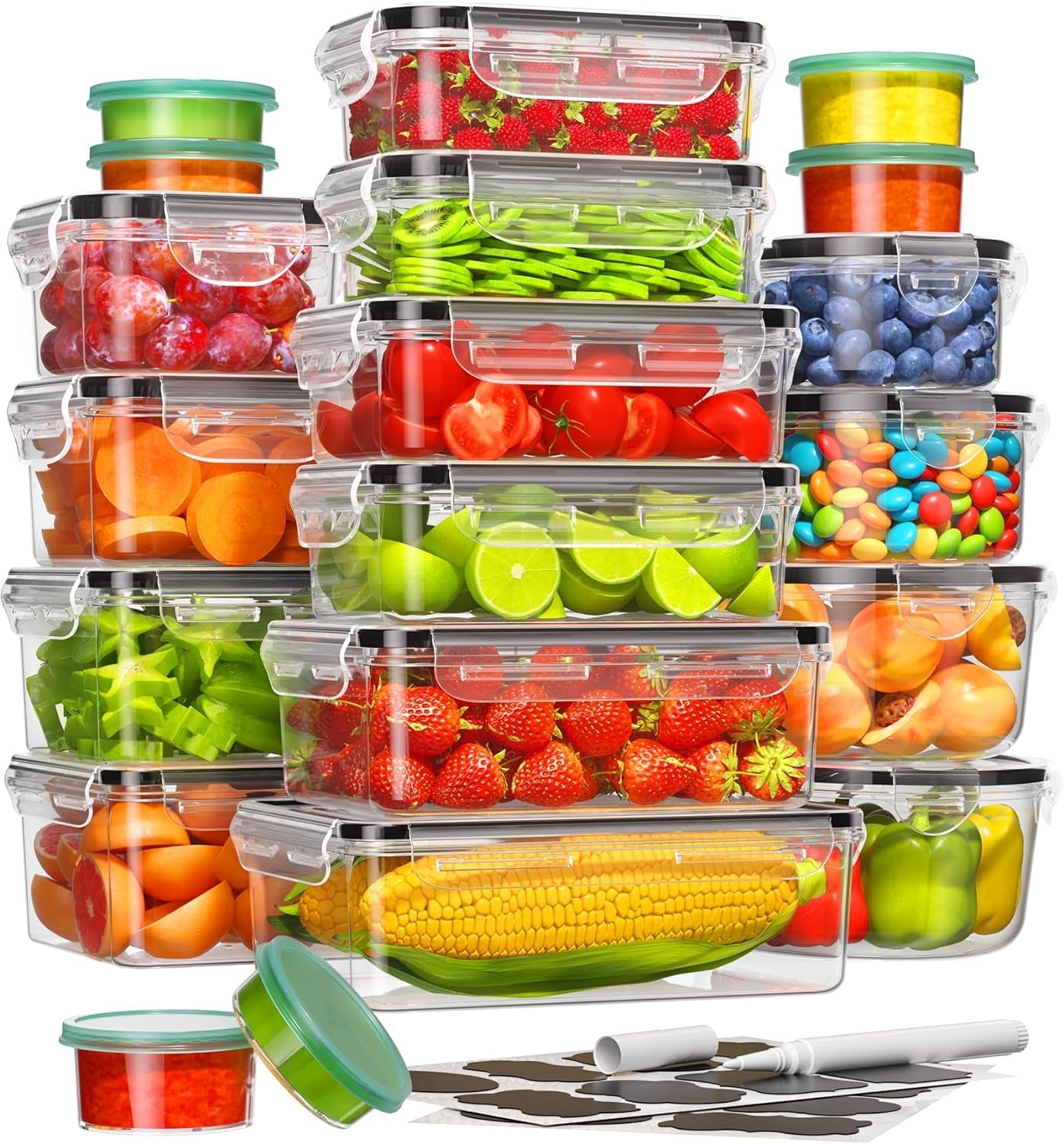 40-Piece Food Storage Container Set with Silicone Leak-Proof Lids, Reusable Plastic Round Transparent Utensils Airtight Rectangular Square Kitchen