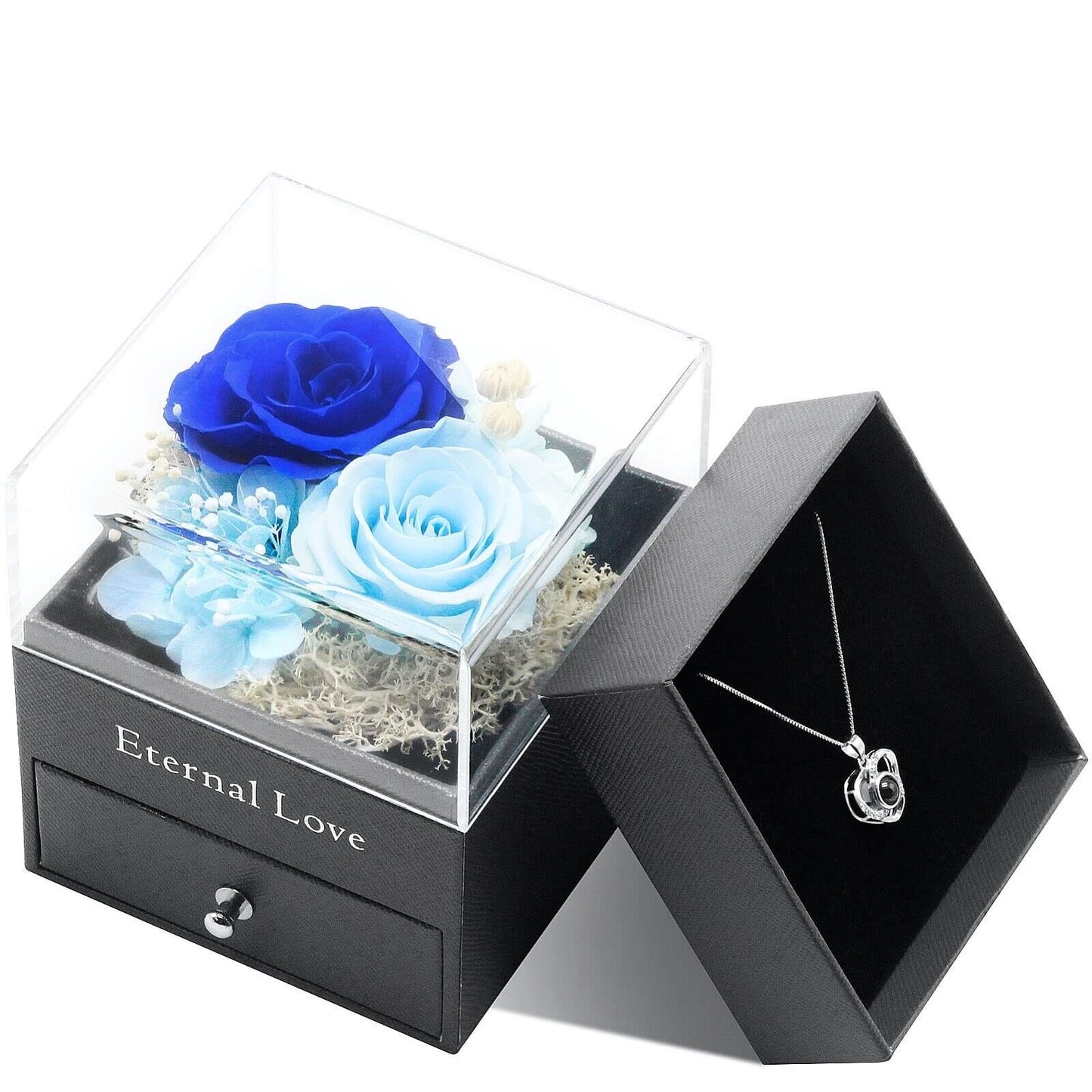 Preserved Eternal Real Rose Flower Gift Box with 14K Gold Plated Silver Necklace