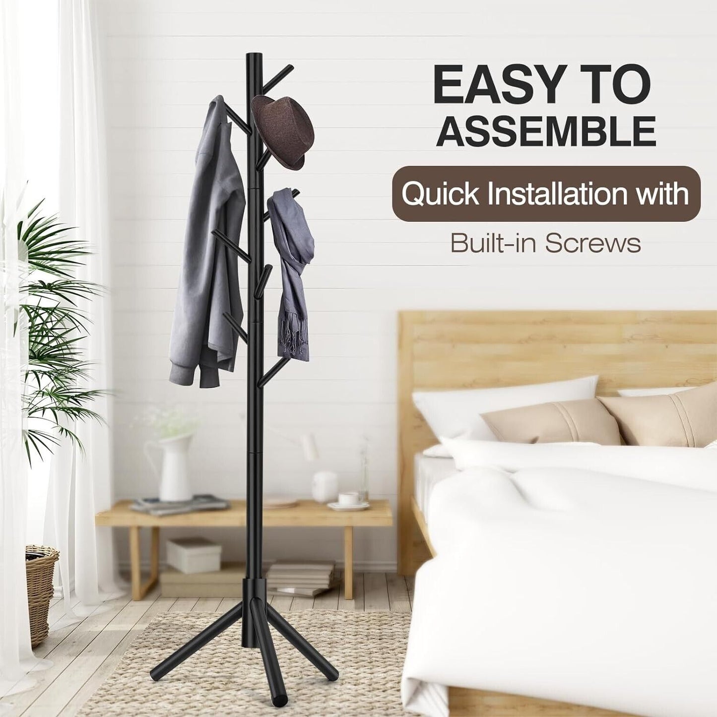 Modern Multifunctional Coat Hanger, Wooden Coat Rack Stand with Adjustable Height, 8 Hooks for Hats & Scarves - Space-Saving Entryway Organizer Sturdy
