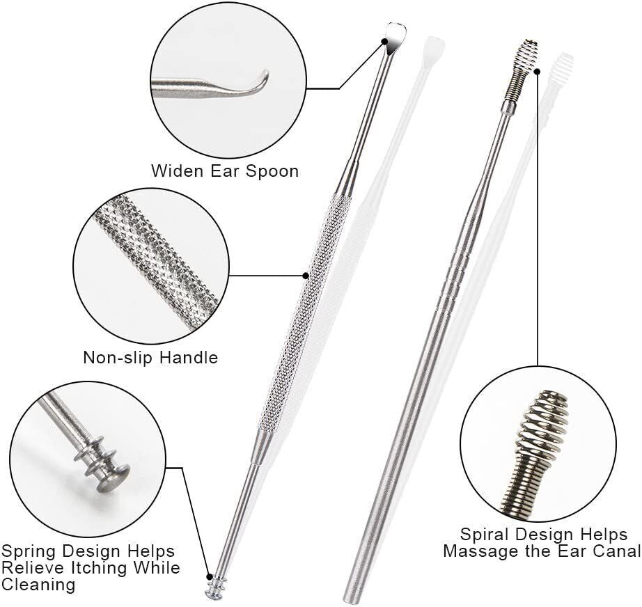 Ear Wax Remover Set 7Pcs Ear Cleaning Kit with Spiral Tool & Spoon | Safe & Reusable Ear Pick Curette for Deep Clean