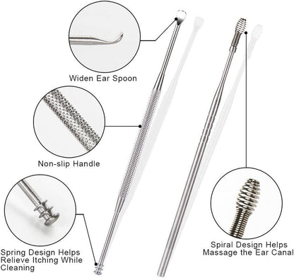 Ear Wax Remover Set 7Pcs Ear Cleaning Kit with Spiral Tool & Spoon | Safe & Reusable Ear Pick Curette for Deep Clean