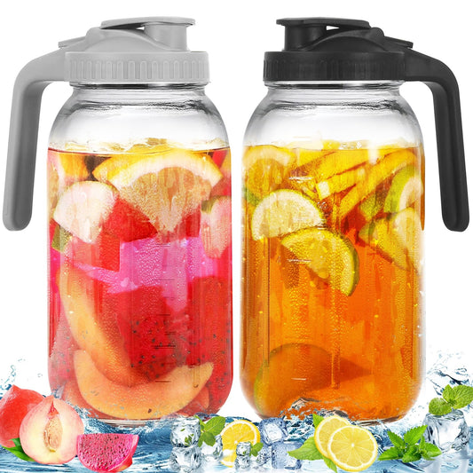 2 Pack Glass Pitchers with Lid 64 Oz Sun Tea Pitcher Half Gallon Mason Jar Pi...