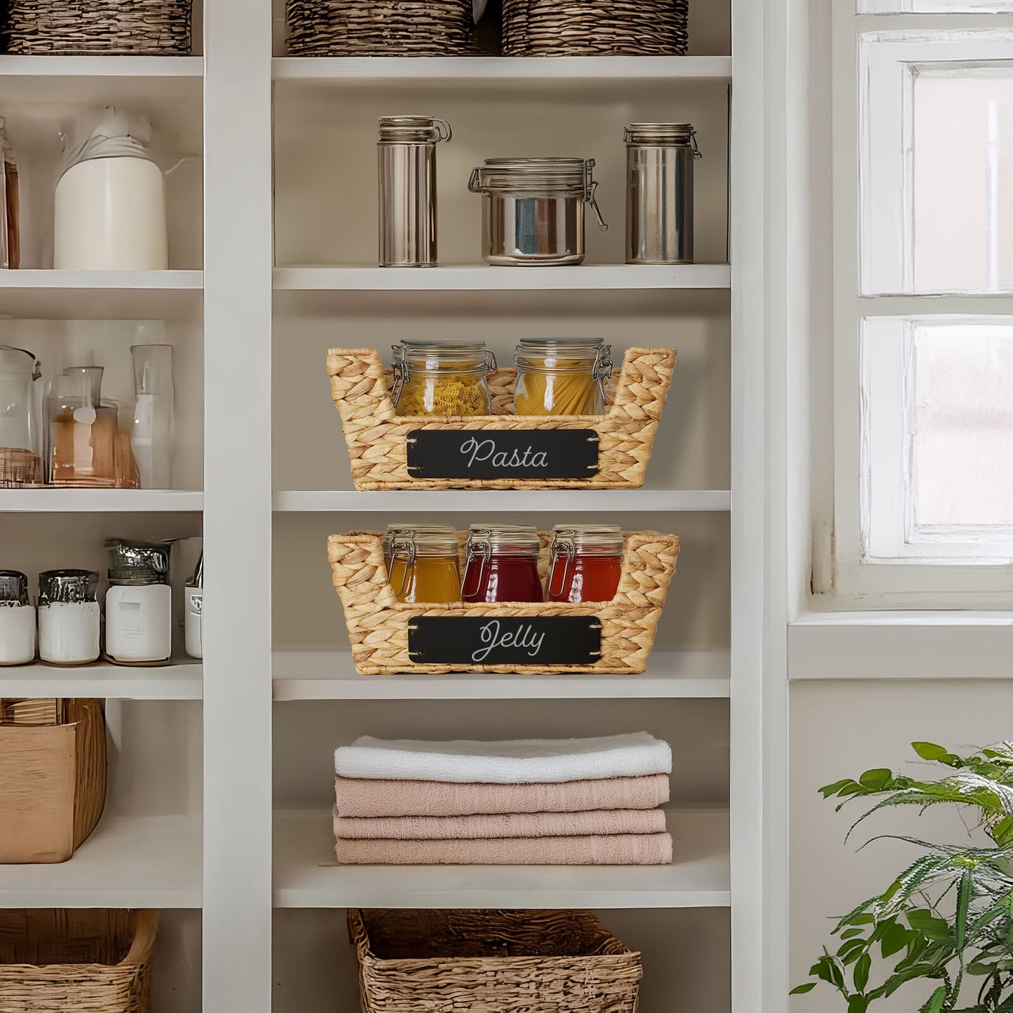 2Pk Wide Pantry Baskets, Hyacinth Wicker Kitchen Storage Bins for Shelves