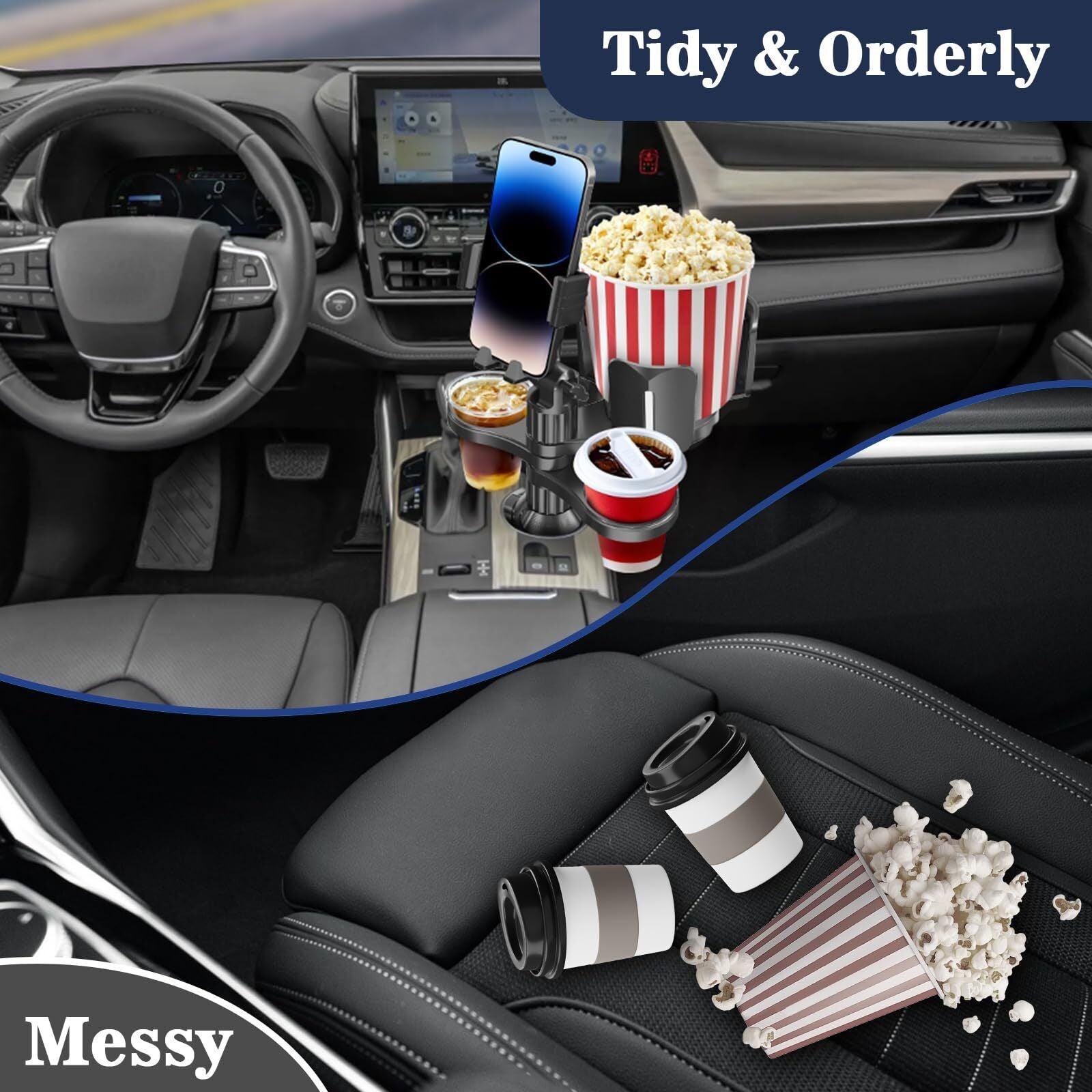 Adjustable Car Cup Holder Extender Dual Tray for Food Drinks Universal Use