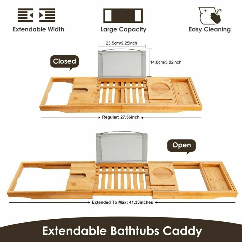 Bathtub Tray Caddy, Luxury Bamboo Bath Table – Expandable Solid Wood Holder for Wine, Books & Spa Essentials Wooden Gift 