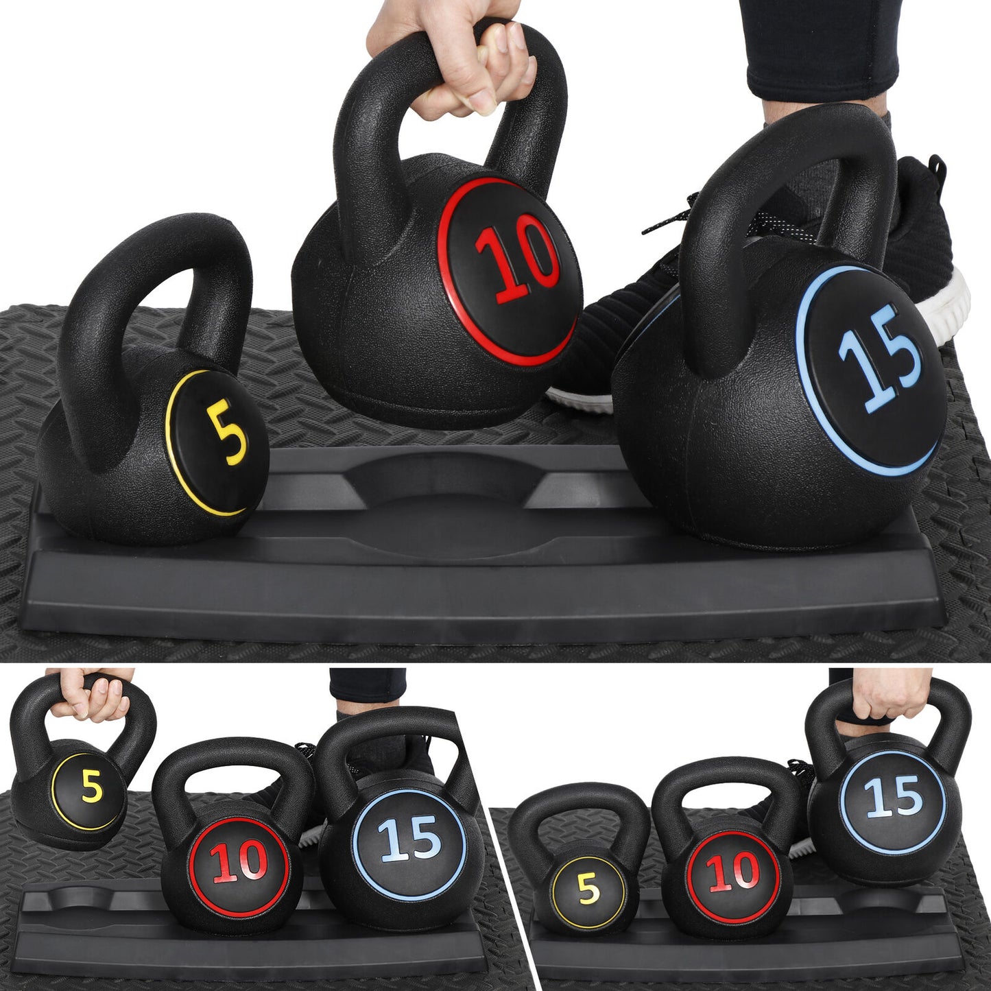 Kettlebell Workout Set for Full-Body Fitness - 3-Piece Set (5, 10, 15 lbs) with Storage Rack, Wide Grip, Home Gym Essential, Space-Saving Design