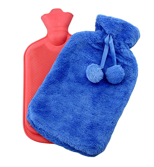 Rubber Hot Water Bottle with Soft Plush Fleece Cover 2000Ml (67 Fl. Oz) Blue