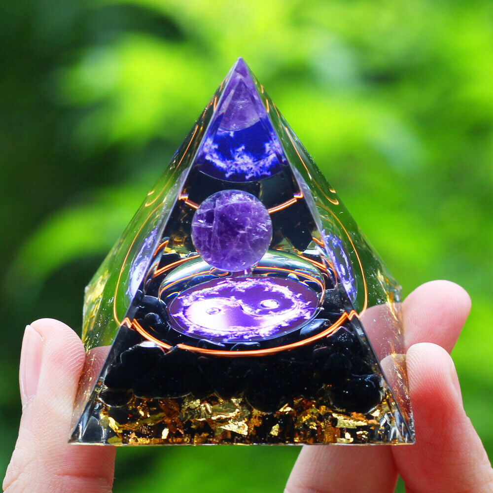 EMF Protection Orgonite Pyramid - Amethyst & Peridot Healing Crystal, Energy Orgone, Spiritual Decor, Positive Vibes, Stress Relief Home & Office Gift