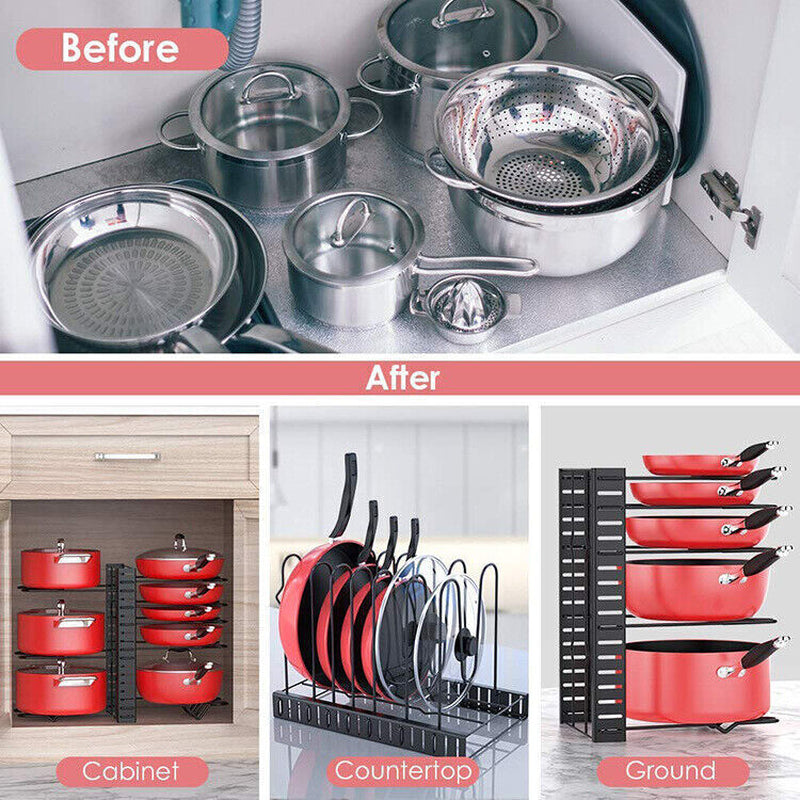 Adjustable 8 Tier Pots and Pans Organizer Rack Pots Holder for Kitchen Cabinet