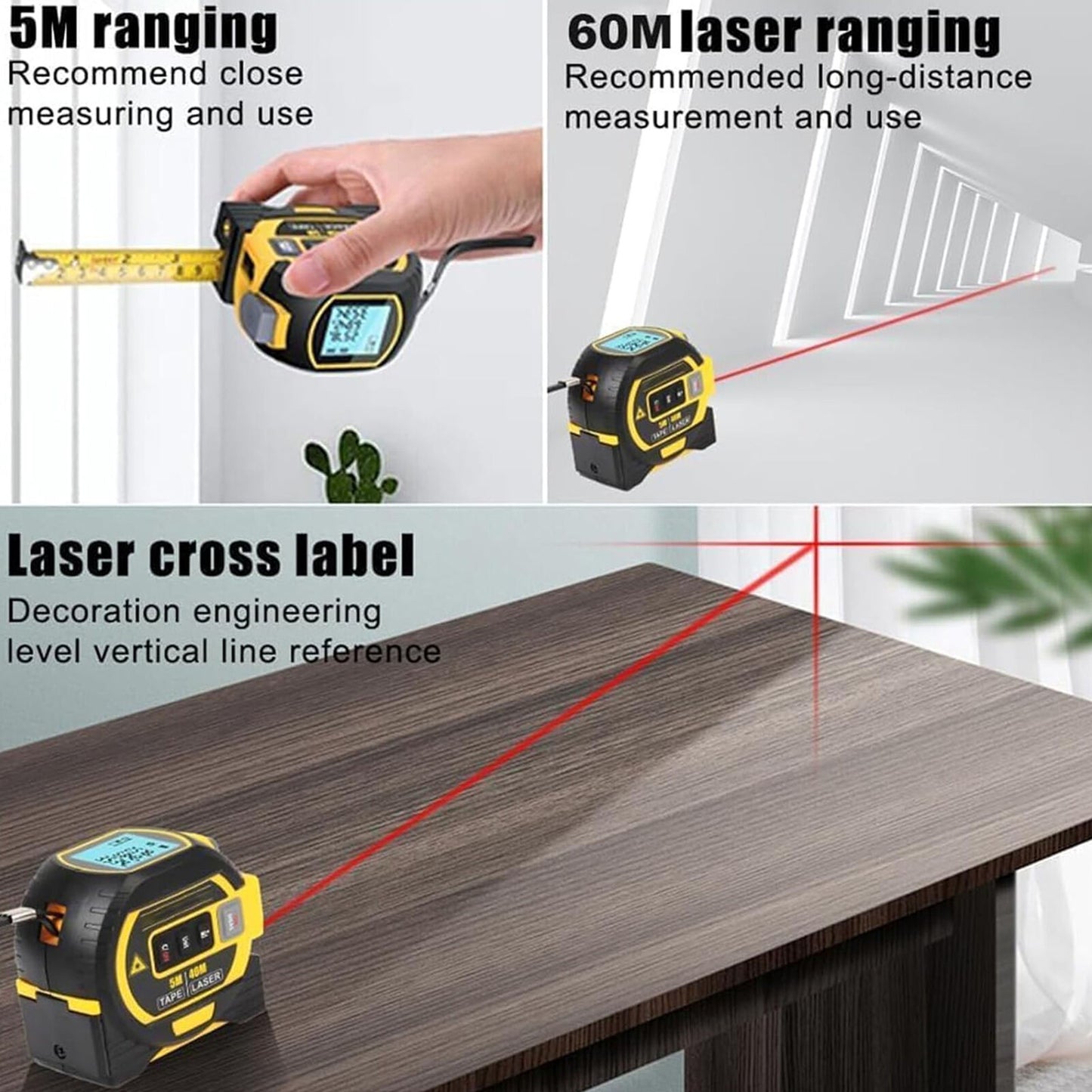 Digital Laser Tape Measure with Crosshairs 3 in 1 Digital Tape Measure 196Ft High Precision Rangefinder