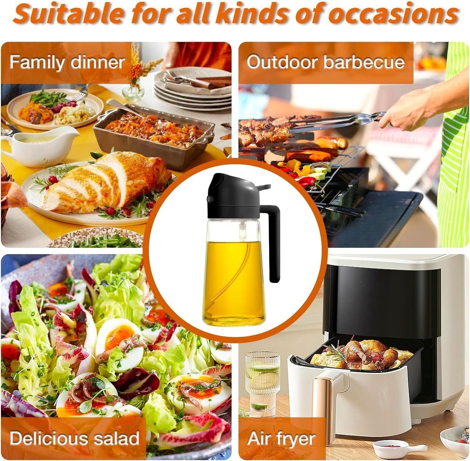 16oz 2-in-1 Olive Oil Spray Bottle for Cooking, BPA-Free Dispenser for Grilling, Baking, Air Fryer, Precise Oil Control & Mess-Free Design