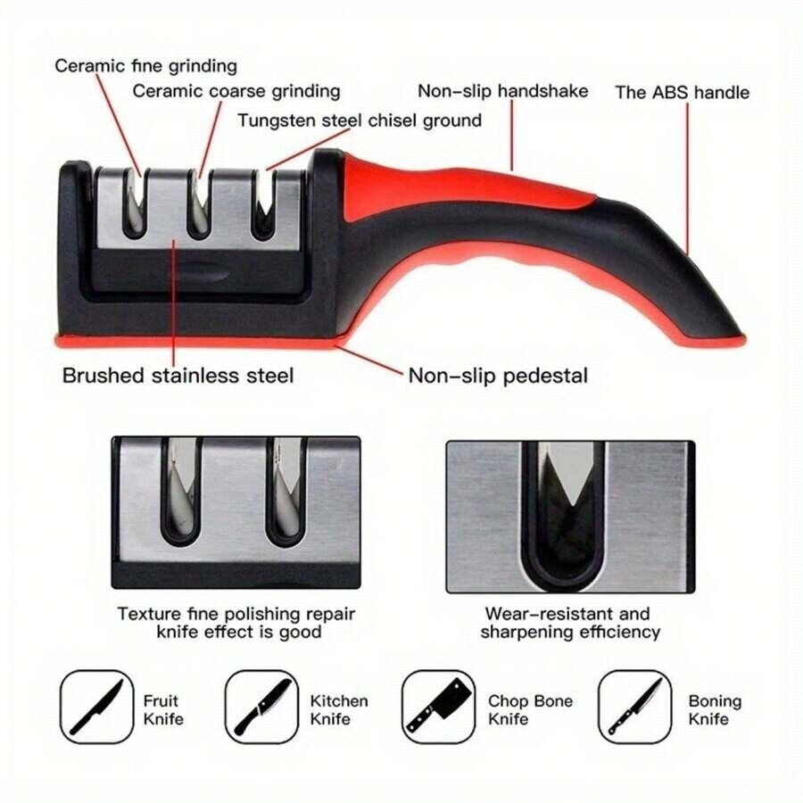Knife Sharpener for Kitchen Knives, 4-in-1 Manual Blade Sharpener – Easy & Safe Tool for Restoring Sharp Edges at Home, Works on All Blades!