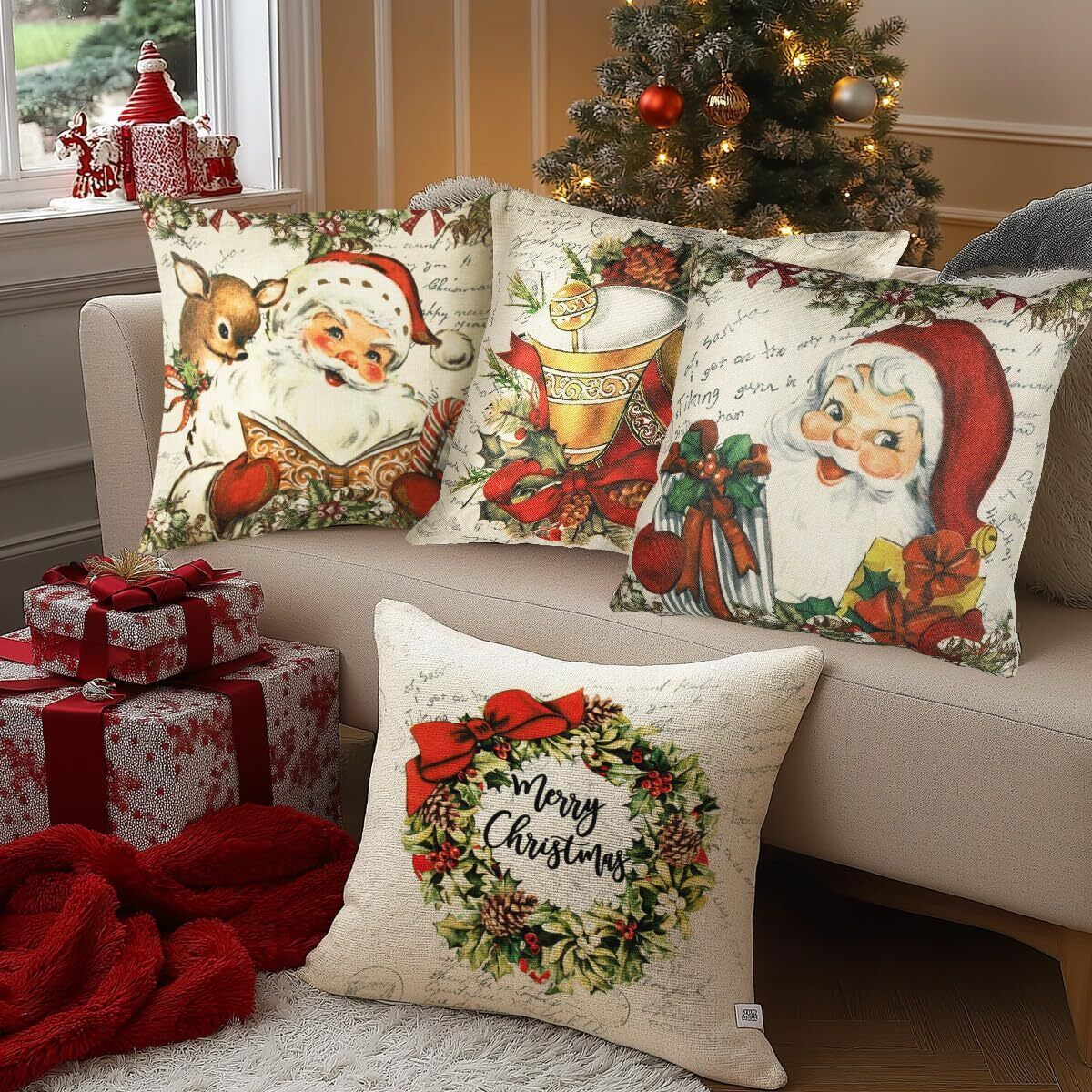 Vintage Christmas Santa Pillow Case Set Santa Reindeer Wreath Pillow Covers 4PCS 18X18''