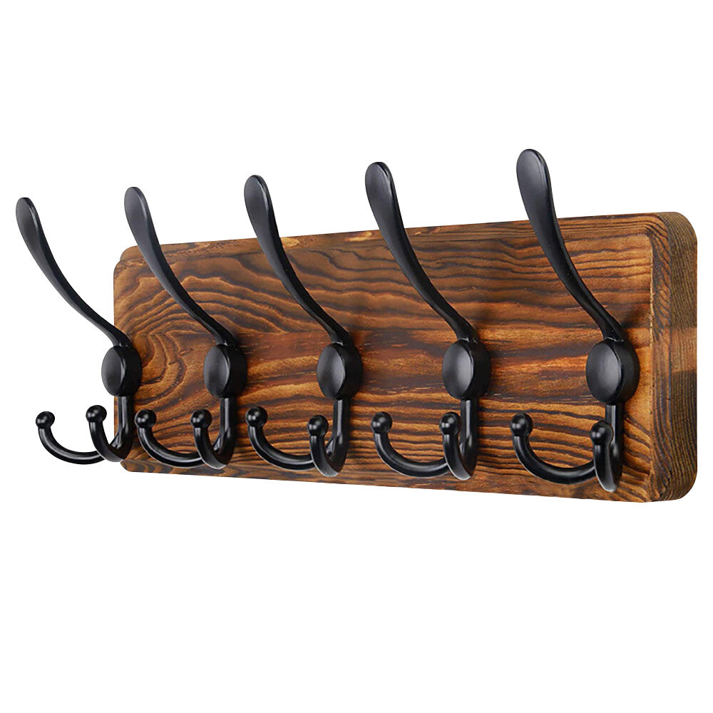 Brown Coat Rack Wall Mount Hat Rack 5 Hooks Pine Wood Plank for Clothes Hats Key