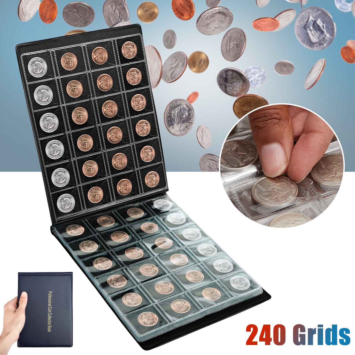 Coin Storage Book Collection – 240 Pocket Album for Penny, Quarters & Collectible Coins | Coin Collector Organizer, Durable, Easy Access Storage Folder