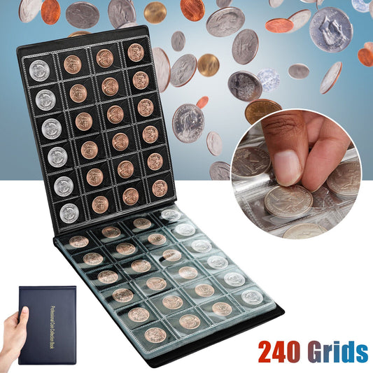 Coin Storage Book Collection – 240 Pocket Album for Penny, Quarters & Collectible Coins | Coin Collector Organizer, Durable, Easy Access Storage Folder