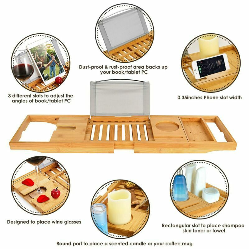 Bathtub Tray Caddy, Luxury Bamboo Bath Table – Expandable Solid Wood Holder for Wine, Books & Spa Essentials Wooden Gift 