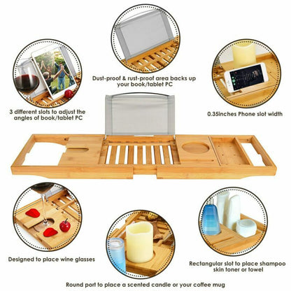 Bathtub Tray Caddy, Luxury Bamboo Bath Table – Expandable Solid Wood Holder for Wine, Books & Spa Essentials Wooden Gift 