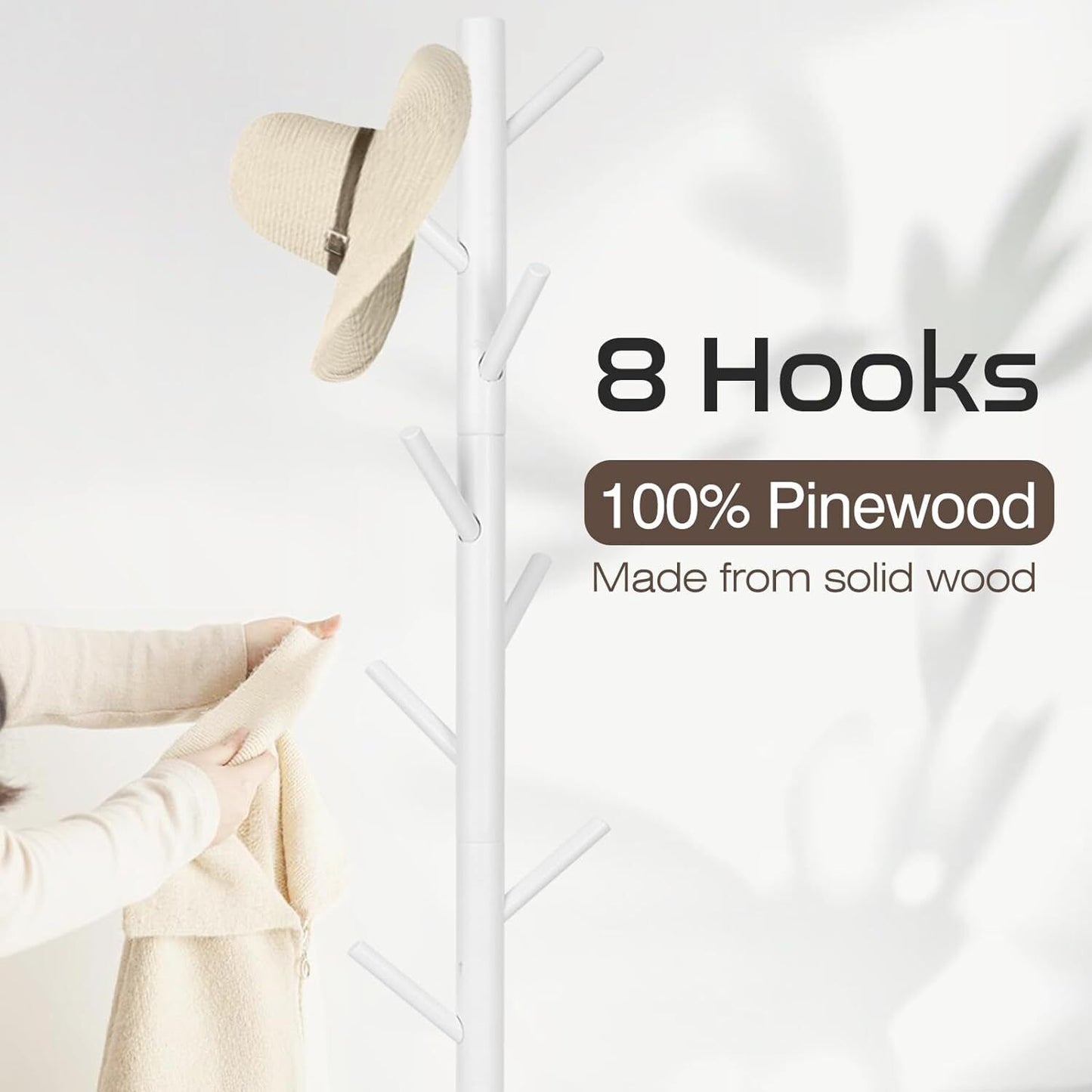 Modern Multifunctional Coat Hanger, Wooden Coat Rack Stand with Adjustable Height, 8 Hooks for Hats & Scarves - Space-Saving Entryway Organizer Sturdy