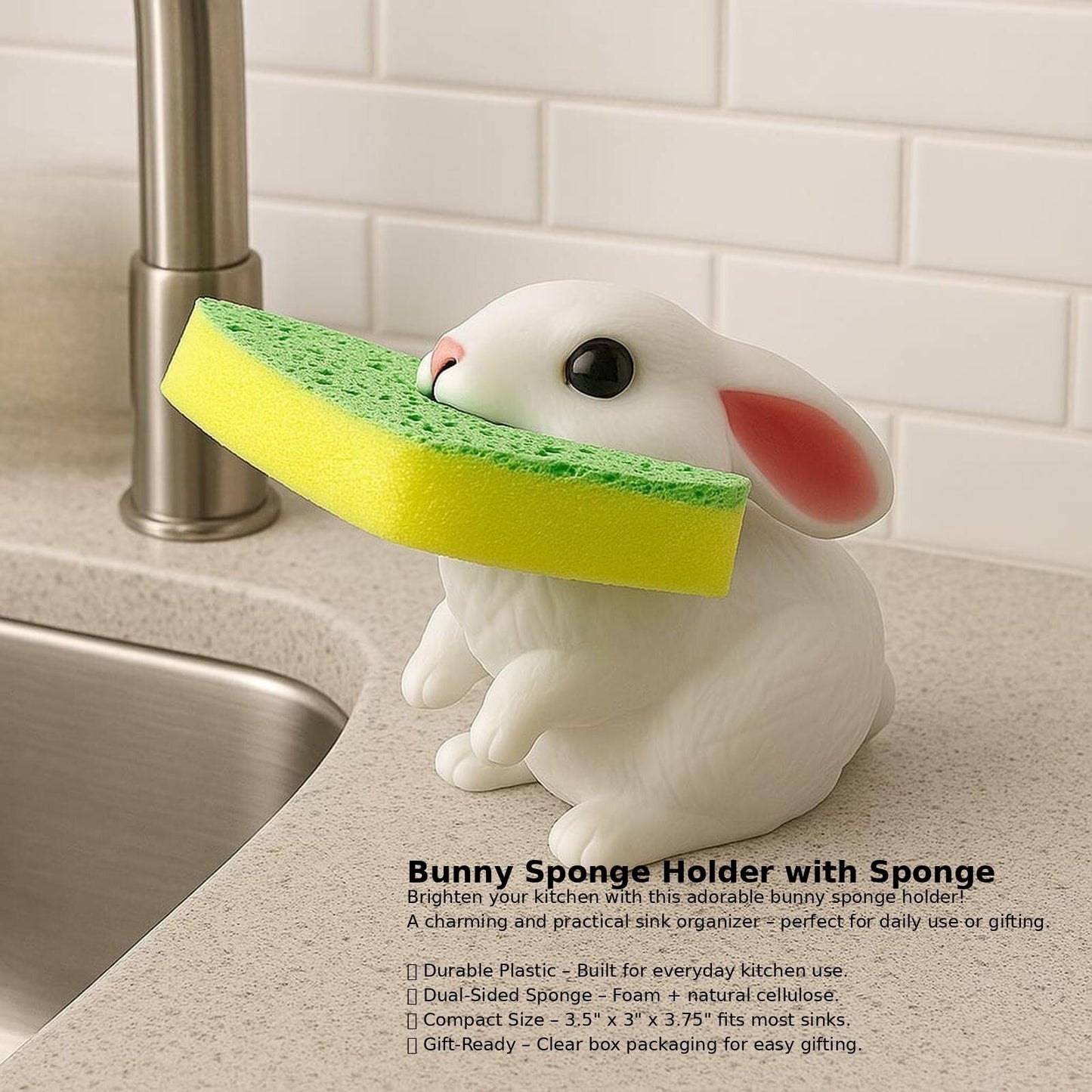 Bunny Rabbit Sponge Holder W/ Sponge Fun Kitchen Counter Organizer Novelty Gift