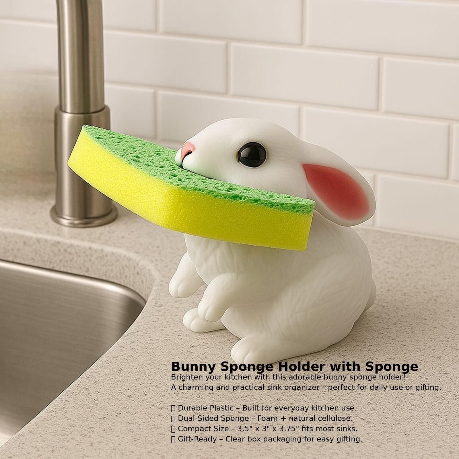 Bunny Rabbit Sponge Holder W/ Sponge Fun Kitchen Counter Organizer Novelty Gift