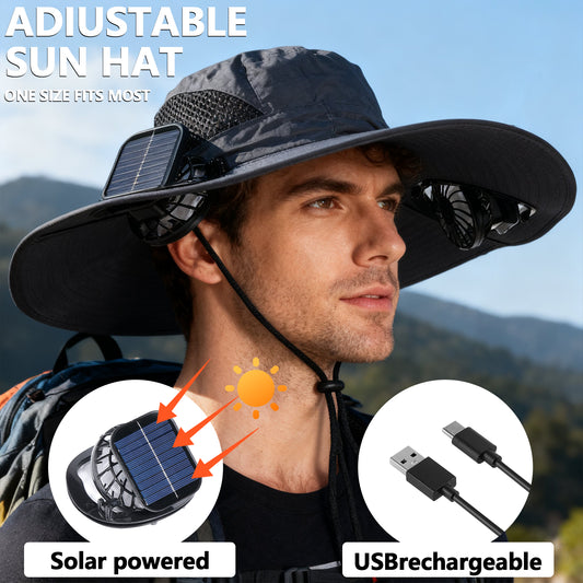 Solar USB Powered Fan Hat Wide Brim Outdoor Fishing Hiking Hat Sun UV Protection