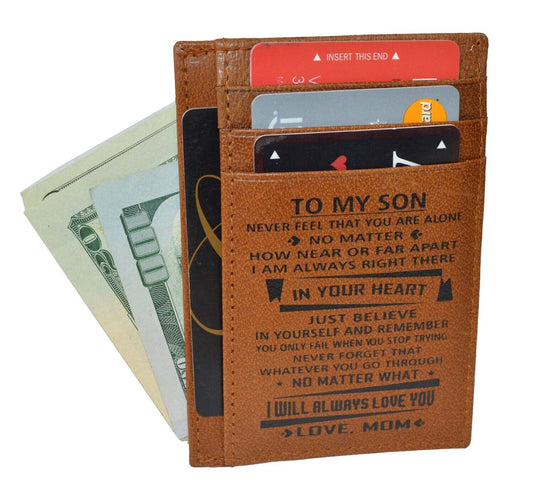 cartera personalizada, To My Son Wallet - RFID Leather Card Holder for Men | Minimalist Slim Bifold Wallet | Xmas, Birthday Gift from Dad & Mom 