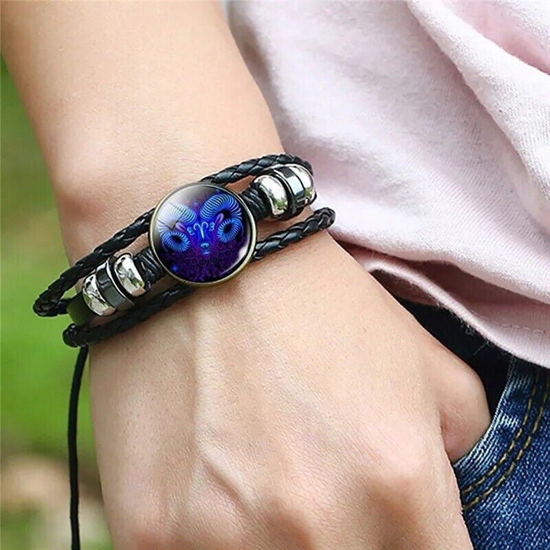 Leather Bracelet Bangle for Men Woman with Signs of the Zodiac Astrology Luminou