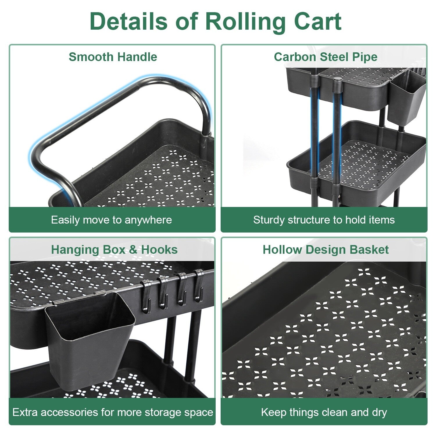 3 Tier Rolling Kitchen Trolley Cart Metal+Pp Storage Shelves Rack Utility Cart