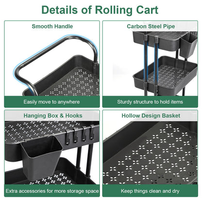 3 Tier Rolling Kitchen Trolley Cart Metal+Pp Storage Shelves Rack Utility Cart